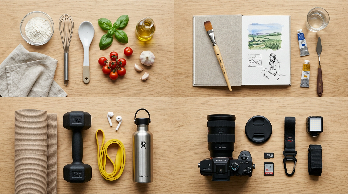 Flat lay of different creator niches: cooking, art, fitness, and photography