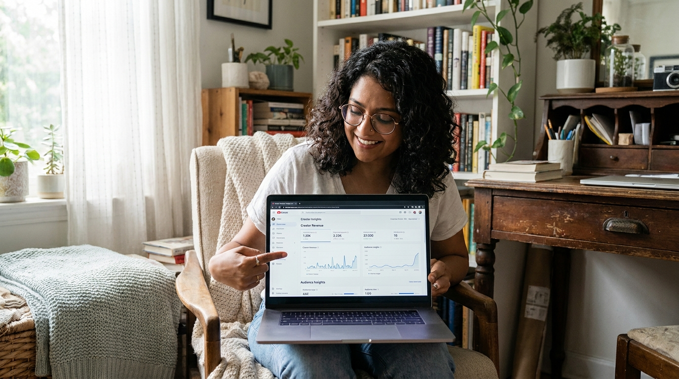 Creator checking earnings analytics on a laptop