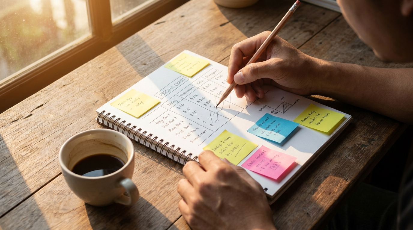 Hands sketching a pricing chart in a notebook